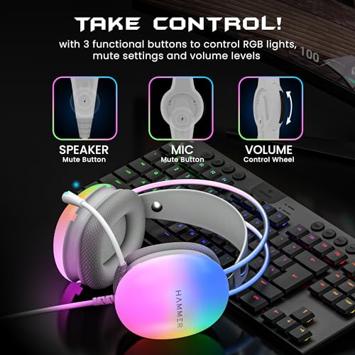 Image of HAMMER Blaze Wired Over Ear Gaming Headphones with Mic, 50mm Drivers, Full RGB Lights, Gaming Headset with Adjustable Bands, Breathable earcushion, 1.5Mtr Wire with USB (Cyan)
