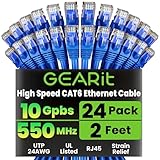 GEARit Cat 6 Ethernet Cable Pack - 24-Pack 2 ft Cat6 Ethernet Patch Cables | RJ45 Network Patch Cable, 10 Gbps Snagless Gold-Plated Connectors - Ethernet Cable Cat 6 for PC, TV, Router - Blue