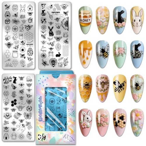 PH PandaHall 3pcs Bees Nail Stamping Plates Rabbit Honeybee Nail Art Templates Honeycomb Sunflower Nails Art Stencils Honey Pot Nails Design Stamp for Women Spring Easter Manicures Salon DIY Printing