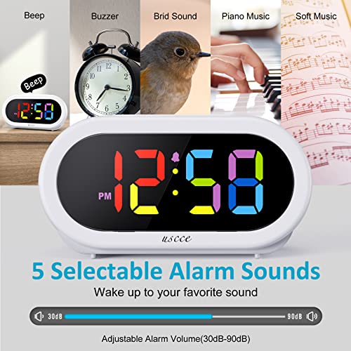 Uscce Small Colorful Alarm Clock For Kids Bedroom - 7 Color Night Light, 0-100% Dimmer, 5 Alarm Sounds, Usb Charger, Easy To Set, Snooze, 12/24Hr, Battery Backup, Compact Clock For Teens Boys Bedside #TOP3