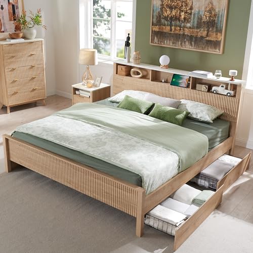 T4TREAM Fluted Panel King Bed Frame with Bookcase Headboard &