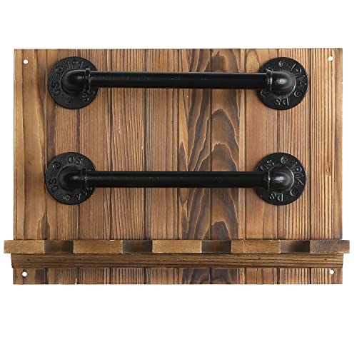 Mygift Wall Mounted Baseball And Bat Display Rack With Rustic Burnt Solid Wood And 2-Tier Industrial Black Metal Pipe Storage Rails #TOP4