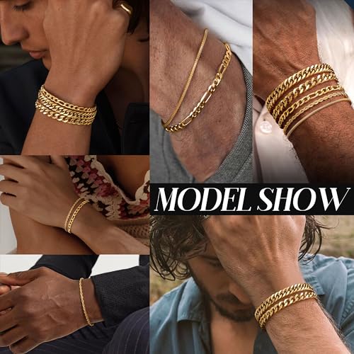Fansilver 5 Pcs Stainless Steel Mens Bracelet Gold Silver Cuban Link Rope Figaro Cuban Chain Bracelets for Men Women 7.48/8.07/8.26 inches2