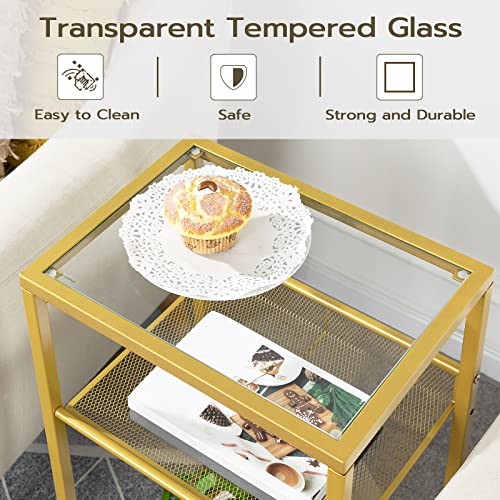 Hoobro Tall End Table, Tempered Glass Telephone Table With Mesh Shelf, 3-Tier High And Narrow Side Table For Space, Sofa, Living Room, Bedroom, Easy Assembly, Modern Style, Gold Gd04Dh01 #TOP5