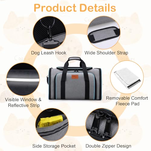 Expandable Airline Approved Pet Carrier, Soft-Sided Travel Bag for Small Cats Dogs with Hard Shell Base, Removable Fleece Pad, Ventilated Mesh, Gray (Blue Trim) - Image 4