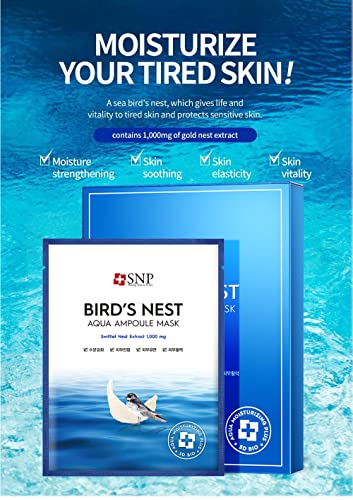 Snp - Bird's Nest Aqua Ampoule Moisturizing Korean Face Sheet Mask - Maximum Hydration & Protection For All Dry Skin Types Using Hyaluronic Acid - 10 Sheets #TOP2