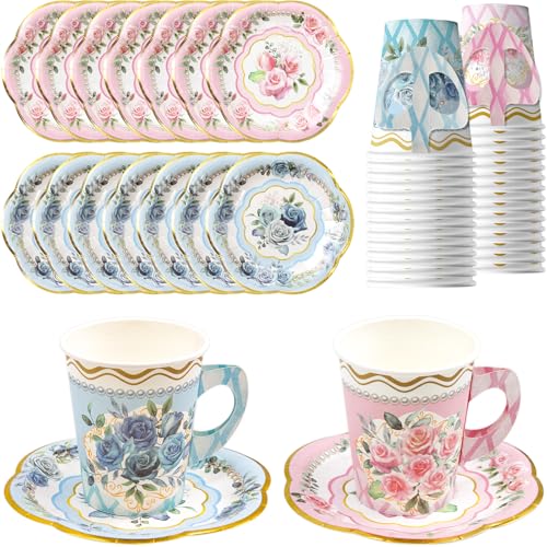 WorldBazaar Paper Tea Cups For Tea Party Set Of 24 Floral Cups Disposable 9oz Tea Party Decorations Flower Birthday Garden Baby Shower Supplies bulk