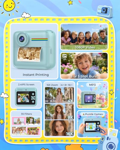 Image of GRENARO Instant Photo Camera, 1080P Toy Camera for Kids with Print, Built-in Puzzle Games & MP3, 2.4 inch HD IPS, 35 Filters, 16x Zoom, Christmas & Birthday Gift for Ages 3-12 (Blue)