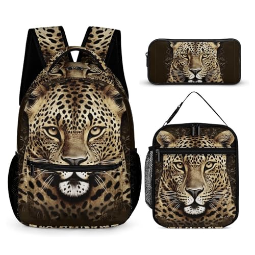 Patterned Leopard Head Backpack Set 3 Piece, Durable Backpack Insulated Lunch Bag Portable Pencil Case for Men Women