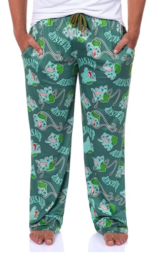 Mad Engine Pokemon Men's Bulbasaur #001 Vine Whip All Over Print Adult Pajama Pants Sleep Lounge Bottoms