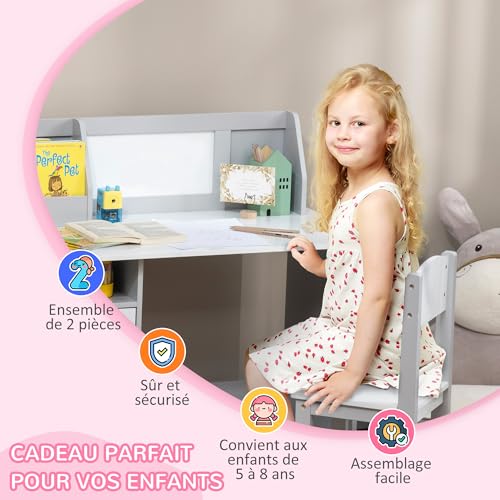 Bureau Enfant + Chaise Gris Rangement & Tableau Blanc HOMCOM