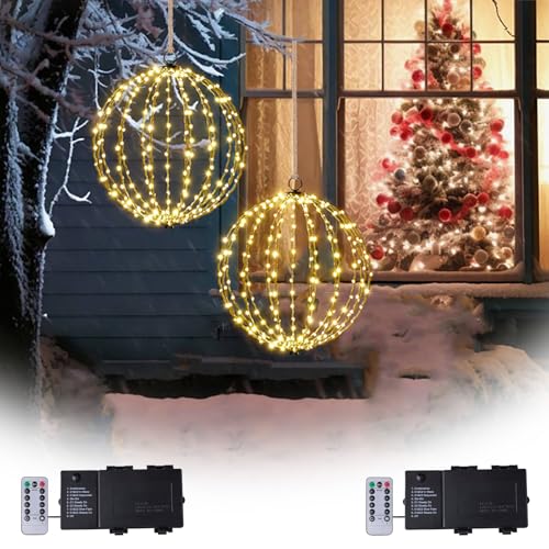 Outdoor Christmas Lights Balls, Prelit Ball Battery Operated, 16” Large Globe Christmas Decoration, 208 LED Foldable Waterproof Hanging Lighted Sphere for Home Tree Porch Yard Ground Decor-2PK