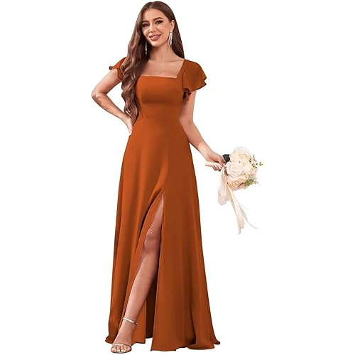 Women's Short Sleeve Bridesmaid Dresses for Wedding Empire Waist A Line Chiffon Long Formal Dresses with Slit