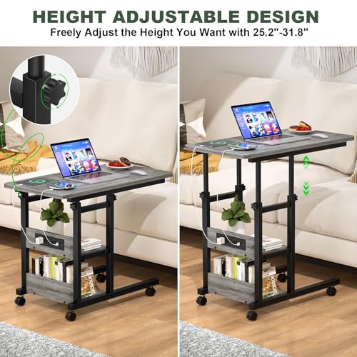 Mesa auxiliar ajustable en C con enchufe y estante con ganchos laterales 7