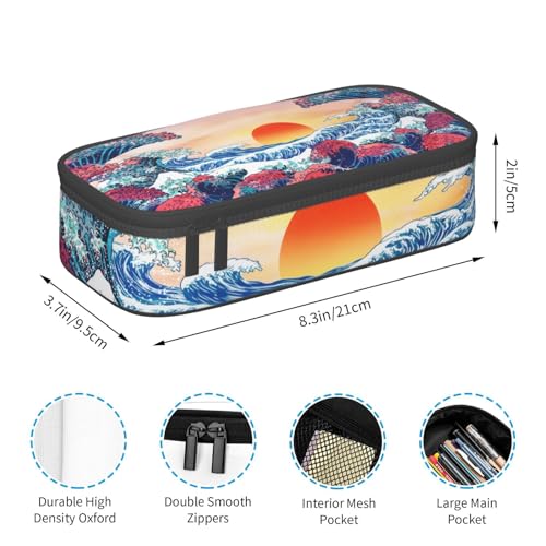 Image of Japanese Ocean Waves Large Pencil Case With Zipper Compartments Stationery Pencil Bag For Kids Teens Students School Supplies