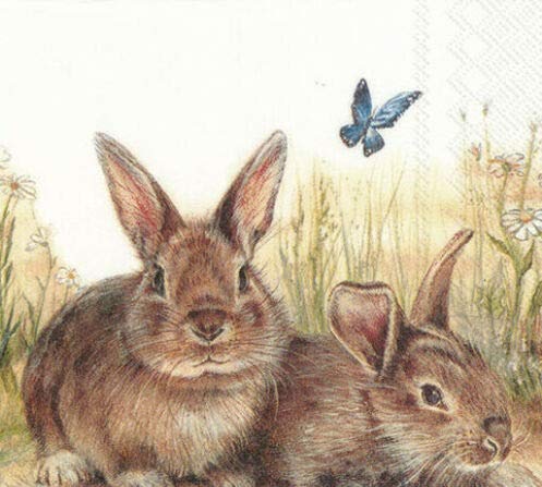 Set of 2 Individual Decoupage Paper Party Napkin BUNNY RABBITS Watercolor Decor Luncheon Napkins for a Birthday holiday, Wedding, Cocktail Party