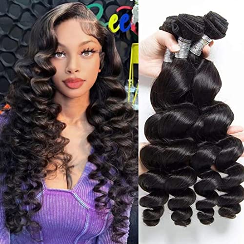 Loose Wave Bundles 100% Unprocessed Brazilian Virgin Remy Hair Bundles (16 18 20in) Loose Wave 3 Bundles Weave Extension Double Weft Wet and Wave Bundles for Women Loose Wave Bundles Hair Extensions