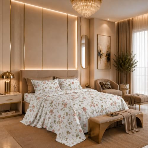 Image of Jaipur Weaves Cotton Linen Feel King Size Bedsheet 108x108 Super King, 100% Pure Cotton Bed Sheet with 2 Pillow Covers, 300 TC Soft Breathable Floral Design Bedding -(Vintage Red, Super King)