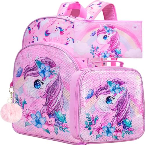 KLFVB 3PCS Unicorn Mermaid Backpack for Girls, 16