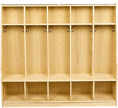 Amazon Basics Coat Locker Storage, 5-Section with Bench, 13"D x 54"W x 48"H, Natural Finish, Solid Pine Wood, Mudroom Furniture with Storage & Hooks for Home, School, Kindergarten