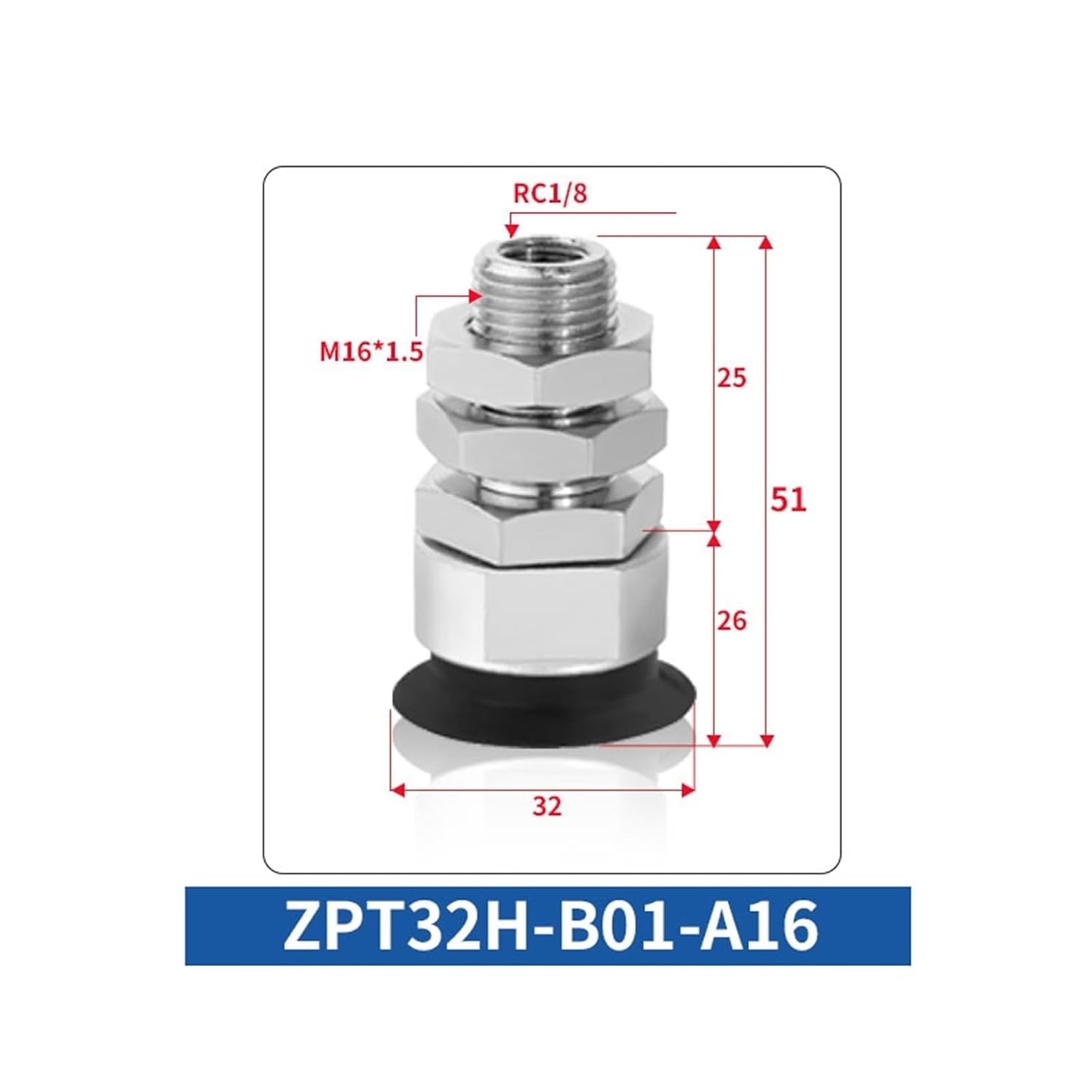 1PCS ZPT32H ZPT40H ZPT63H ZPT100H ZPT125H Single Layer Flat Industrial Rubber Pneumatic Vacuum Pad Air Sucker Suction Cup(ZPT32H-B01-A16)