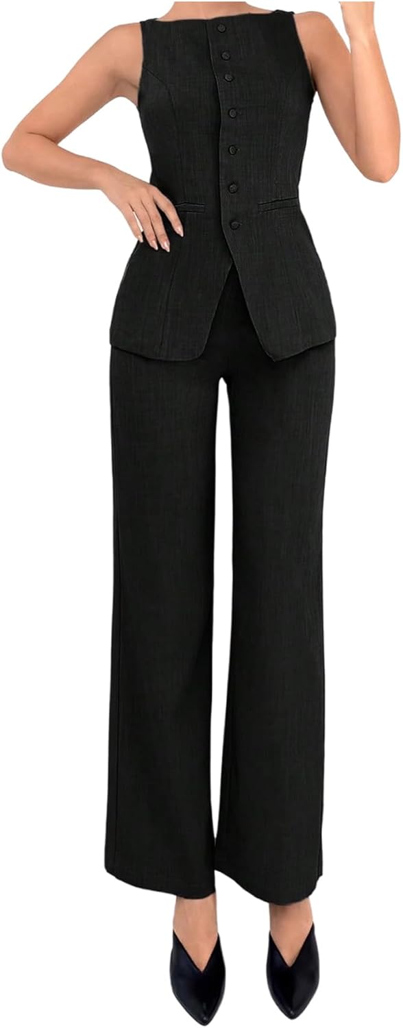 SOLY HUX Women's 2 Piece Business Casual Outfit Button Down Boat Neck Sleeveless Vest and Pants Set