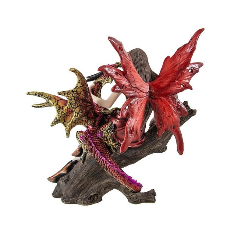 Figura Hada con Dragon en Tonos Rojo de Resina Pintada a Mano 15x10x22 cm