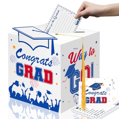Premium Graduation Card Box, with 12pcs Cards and Tassel, HQ Thickened Foldable Cardboard Congrats Grad Box Holder, Classic Design, HD Printing, Perfect for Graduation party decorations 2025