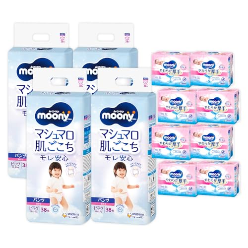 ムーニーマン 女の子用 ビッグサイズ (38枚×4袋) ・ ムーニーおしりふき やわらか厚手詰替 ((60枚×3)×8パック)