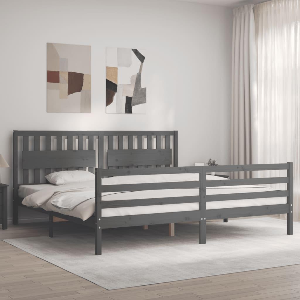 BaraSh Cadre de lit avec tête de lit Gris 200x200 cm Bois Massif,Lit À Cadre,Lit 2 Personnes avec Sommier,Lit Fer Forgé