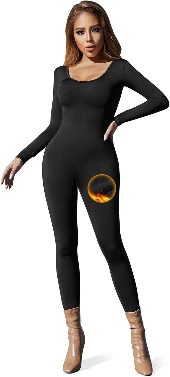 VUTRU Womens Fleece Lined Sexy One Piece U Neck U Back Long Sleeve Bodycon Jumpsuits Bodysuit Catsuit Sports Romper