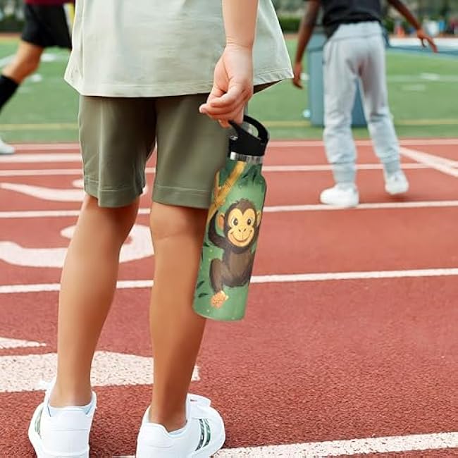 Cute Monkey Water Bottle for Kids Boys Girls Insulated Stainless Steel Hot Cold Bottles with Straw Lid 20 Oz