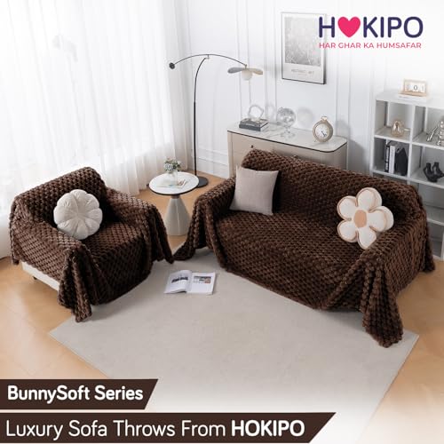 Image of HOKIPO Luxury Premium Rabbit Wool Plush Fluffy Sofa Cover, Sofa Throw for 1 Seater Sofa, 180(D) x 190(L) cm, 'BunnySoft Series' Dark Chocolate (AR-5073-DCHOC)