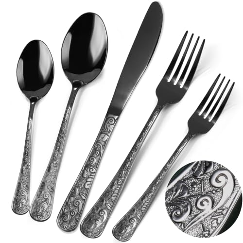 Meythway 60-Piece Vintage Carved Black Silverware Set for 12, Stainless Steel Flatware Set with Knife/Fork/Spoon, Cutlery Set for Home and Kitchen, Utensil Set with Dishwasher Safe