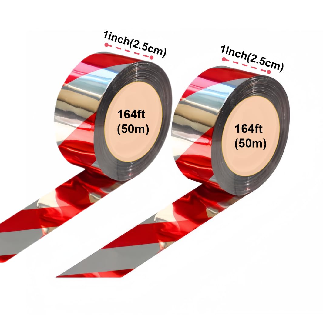 SATONBEYI 2 Roll Bird Scare Tape Ribbon,1 Inch*164 Ft Bird Tape for Outside,Easy Use Bird Reflective Tape for Garden, Orchard,Farmor Courtyard(Silver and Red)
