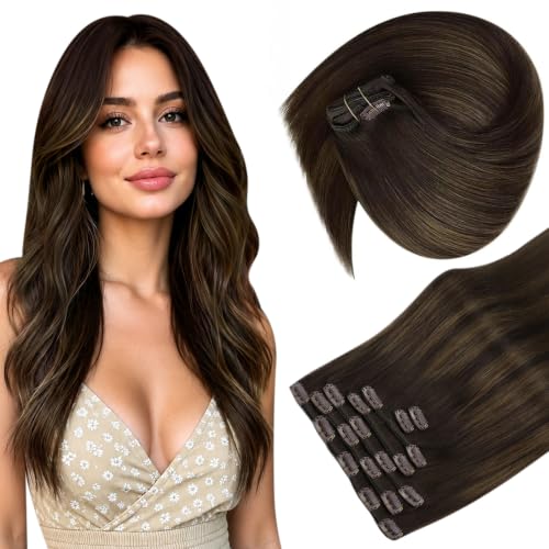Image of Sunny Hair Clip in Hair Extensions Real Human Hair Balayage | 20 Inch Remy Human Hair Clip in Extensions Chestnut Brown Balayage with Double Weft, Natural Movement and Flowing Shape 120g
