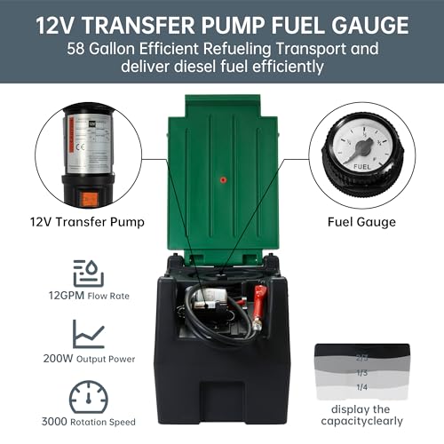 JOPHUN 58 Gallon Portable Diesel Tank, Portable Fuel Tank with 12V Electric Fuel Transfer Pump, with Battery Clamps 13FT Electric Wire etc, Black.