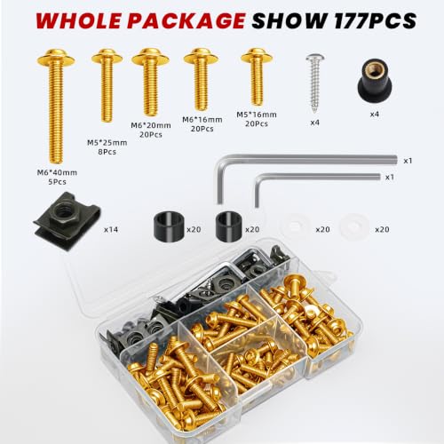 Image of Motorcycle Fairing Bolt Kit 177Pcs, M5 M6 Stainless Steel, Gold | Windscreen Screws Fastener Clips Universal Fit for Suzuki Kawasaki Honda Yamaha BMW Ducati GSXR