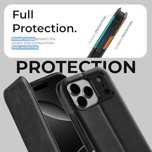 Image of PULOKA Premium PU Leather Flip Cover Compatible with Apple iPhone 17 Pro - Slim Wallet Case with Card Slot, Magnetic Closure, Kickstand Stand Function & Full Body Protection (Black)