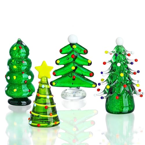 HDCRYSTALGIFTS Set 4 Blown Glass Christmas Tree Figurine Collectible Art Glass Statue Holiday Decoration Sculpture Festival Gifts Home Arts