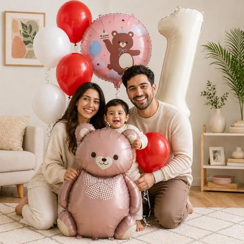 Image of Rozi Decoration Teddy Bear Birthday Balloon Set with Number 1 Foil Balloon, Round Printed Balloon & Latex Balloons, First Birthday Decoration Kit for Baby Boy & Girl Party