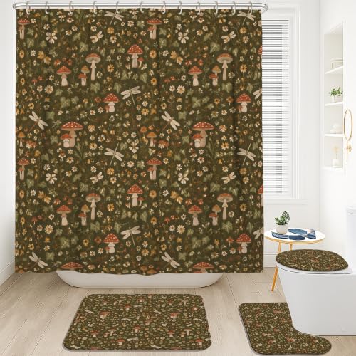 Rideau de douche champignon et tapis vert automne 183x183cm