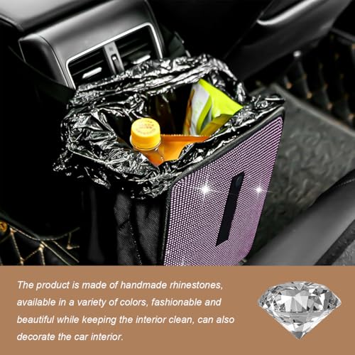 Image of Car Trash Can, Bling Rhinestone Crystal Waterproof Hanging Garbage Bag for Car Interior, Oxford Leakproof Foldable Waste Organizer Trash Bin Universal for Most Vehicles (Light Pink)
