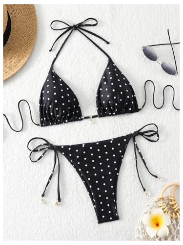 Image of SOLY HUX Women's Polka Dots Print Bathing Suit Halter Triangle Tie Side Bikini Sets Two Piece Swimsuit