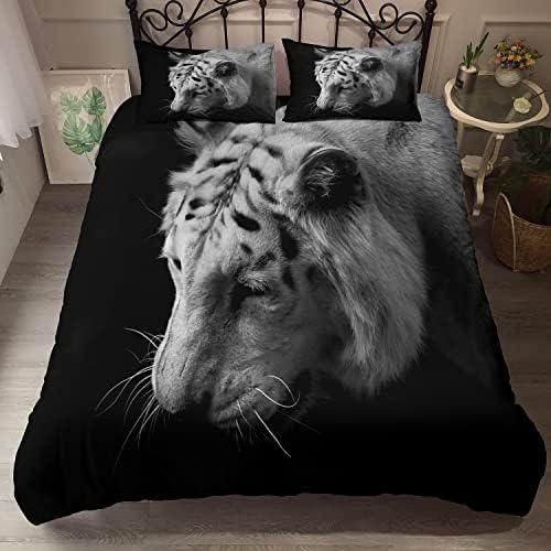 JIJIWANG White Tiger Print Queen Duvet Cover Sets Hidden Zipper Lightweight Soft Animal Tiger Comforter Cover Sets 2 Pillowshames for Kids Teens Adults Tiger Bedding Sets Boys Girls