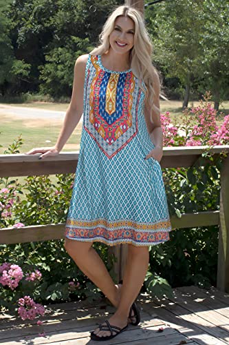Elescat Boho Dresses For Women Summer Beach Sleeveless Sundress Pockets Swing Casual Loose Tshirt Dress(Light Blue,M) #TOP1