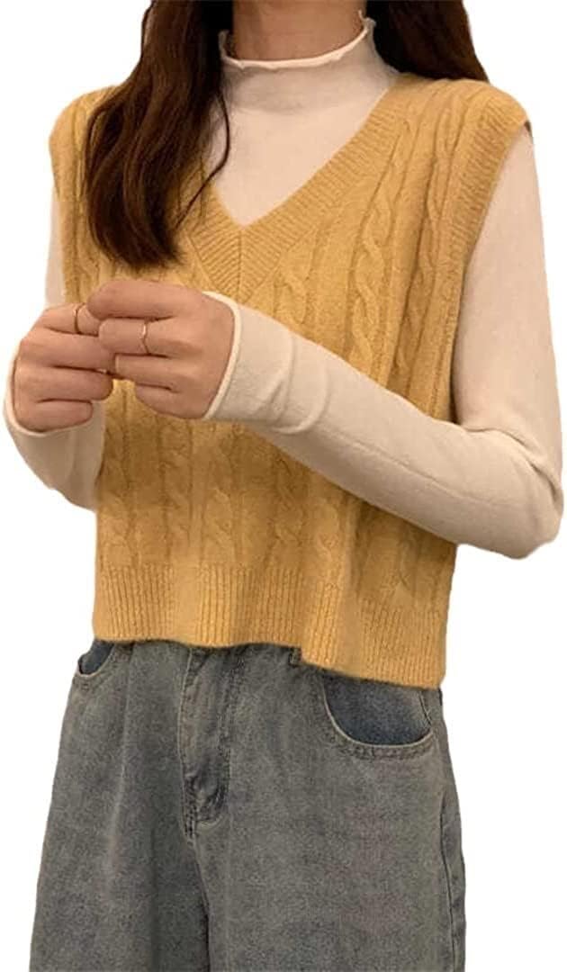 Tophacker Solid Color V Neck Sweater Vest Women Spring Fall Sleeveless Knitted Short Pullovers