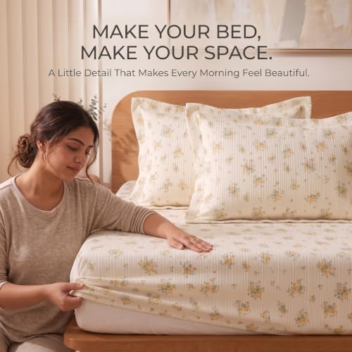 Image of VAS COLLECTIONS 240 TC Premium Fitted Bedsheet, Floral Printed King Size Elastic Deep Pocket Mattress Cover, Soft Breathable Bed Sheet for Bedroom, 72 x 78 + 10 Inches (183 x 198 + 25 cm) - Mustard