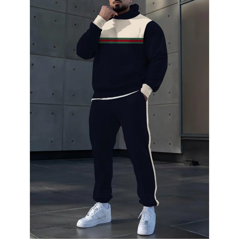 Men's printed spliced long sleeved hooded sweatshirt and pants two-piece casual street fashion jogging set3