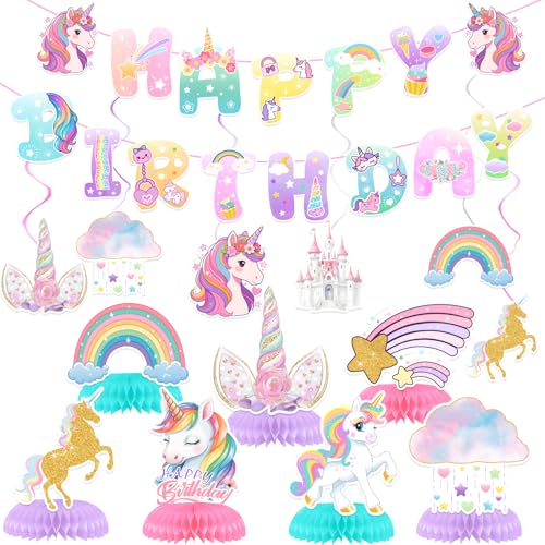 Unicorn Birthday Decorations Unicorn Party Supplies with Happy Birthday Banner Hanging Swirls Honeycomb Centerpieces for Rainbow Party Decorations Girls Birthday Party